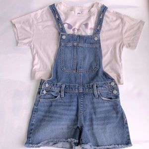 Old navy size 10/12 denim shortalls, crop top and hoodie